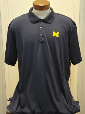 Adidas, Navy, Michigan, Polo with Yellow 'M' Chest Logo,XXL